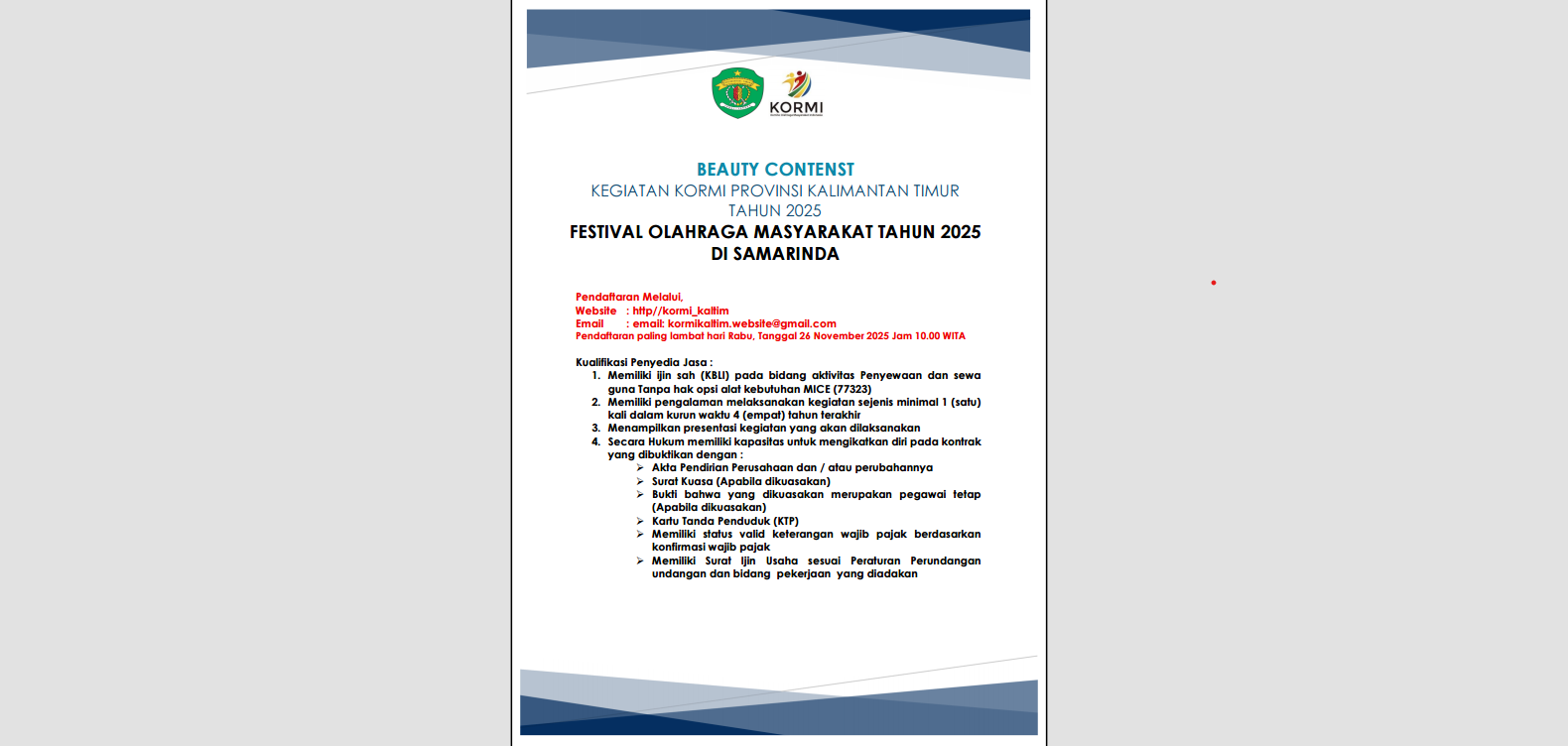 BEAUTY CONTEST KEGIATAN KORMI PROVINSI KALIMANTAN TIMUR TAHUN 2025
